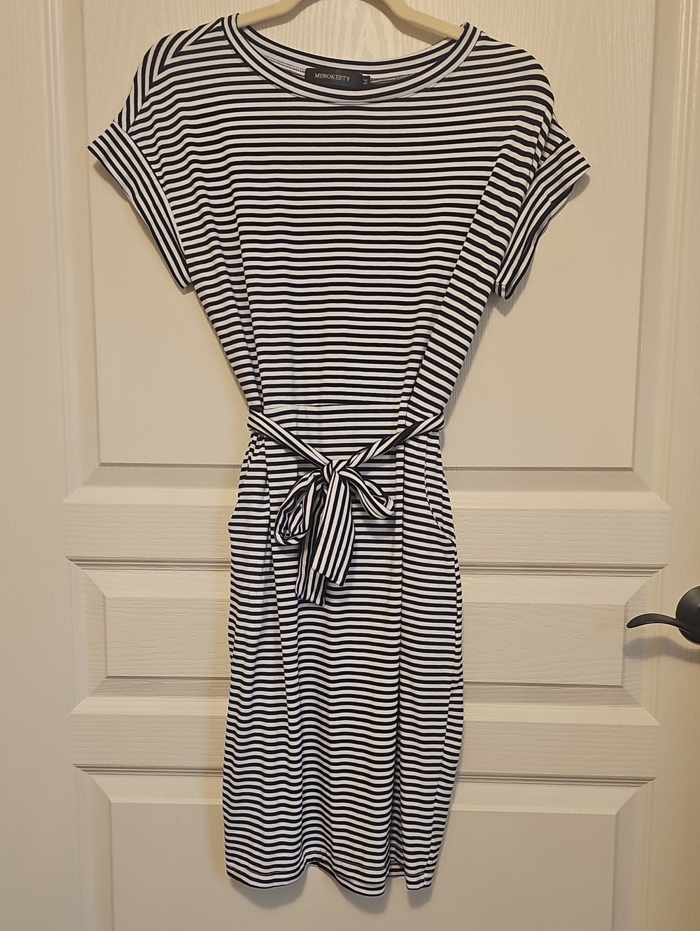 Striped Navy & White Belted Midi Dress